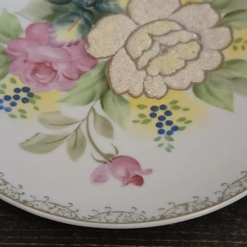 Vintage Wheelock Peoria Japan Raised Yellow Rose Pink Roses Collector Plate